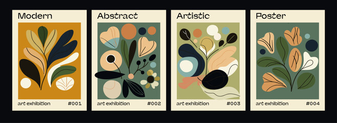 Poster - Abstract groovy floral posters in modern trendy minimal mid-century neutral style. Design template for print, postcard, cover.