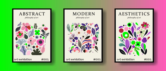 Poster - Abstract groovy floral posters in modern trendy minimal mid-century neutral style. Design template for print, postcard, cover.