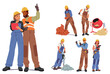 Diverse Group Of Construction Workers In Hardhats And Overalls Use Various Tools Like Hammers, Drills And Shovels