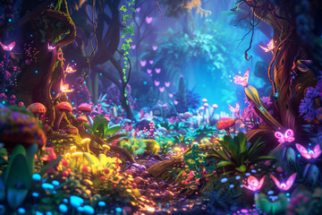 Magical forest comes to life, with glowing plants and whimsical creatures