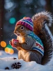 Wall Mural - Cozy woodland sip, A cute squirrel, donning a knitted hat, savors cocoa in a snowy forest with colorful lights.