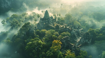 A deep mysterious jungle with temples. Aerial high view. Generative AI.