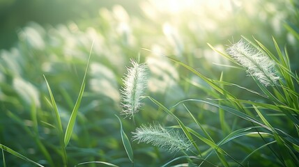 Poster - A closeup of tall grass swaying in the breeze, with its green leaves and soft texture, nature beauty. Generative AI.
