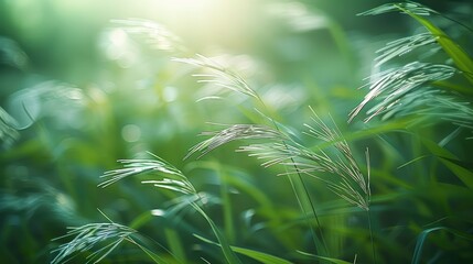 Poster - A closeup of tall grass swaying in the breeze, with its green leaves and soft texture, nature beauty. Generative AI.