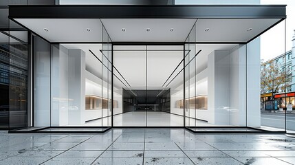 Aufkleber - Storefront made of glass and black aluminum Inside a white, empty room on the side of the road for an example. Generative AI.