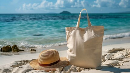 Wall Mural - Hat and Tote Bag on Beach