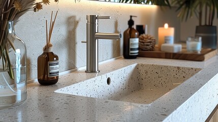 Poster - A rectangular white granite snow-white smooth rectangular sink. Generative AI.
