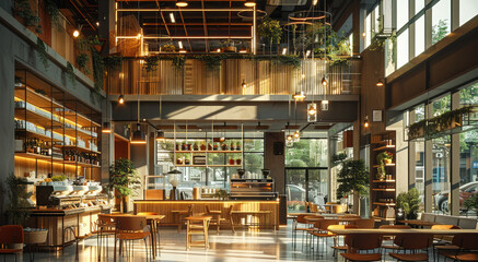 Poster - Cafe interior design, with a large open space, two-story structure, featuring shared space, and a stylish and simple design. Generative AI.