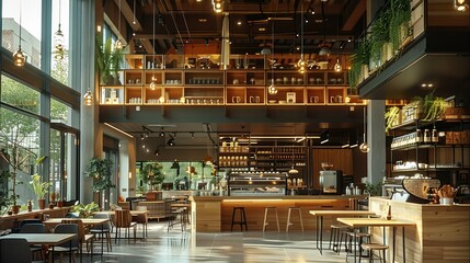 Aufkleber - Cafe interior design, with a large open space, two-story structure, featuring shared space, and a stylish and simple design. Generative AI.