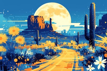 Poster - Moon rising over cacti and mountains in New Mexico, with a road leading into it. 