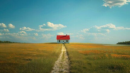 Wall Mural - Wide vista of tiny white house with red roof in center of screen, centered on horizon line between blue sky and green fields. Generative AI.