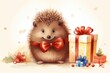 Watercolor illustration of a cute hedgehog with birthday gifts. Greeting card, poster, banner for children