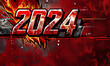 racecar-esque 2024 writing, deep red background, flames