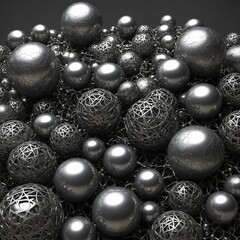 Poster - Collection of spheres of various sizes, intricate designs cluster together against dark backdrop. Metallic nature of spheres reflects light, casting soft shadows, creating sense of depth.