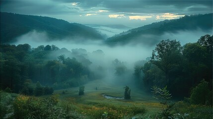 Poster - A small wooded valley at dusk there is fog and a mysterious. Generative AI.