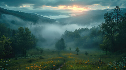 Poster - A small wooded valley at dusk there is fog and a mysterious. Generative AI.
