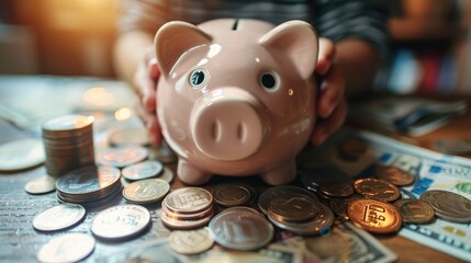 Aufkleber - A piggy bank being filled with coins and bills, symbolizing the act of saving money. Generative AI.