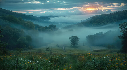 Wall Mural - A small wooded valley at dusk there is fog and a mysterious. Generative AI.