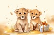 Illustration of cute lions with birthday gift. Greeting birthday card, poster, banner for children