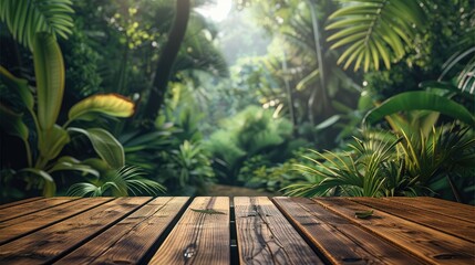 Aufkleber - Empty wooden platform on a lush forest background. Tropical vacation and outdoor activities, farm plants, nature. Generative AI.