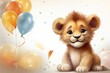 Illustration of cute lion with colorful balloons. Greeting birthday card, poster, banner for children