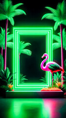 Neon green sign border with green background and flamingo, set amidst palm trees and beach scene. Synthwave abstract background.