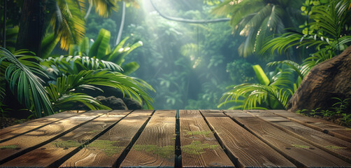 Aufkleber - Empty wooden platform on a lush forest background. Tropical vacation and outdoor activities, farm plants, nature. Generative AI.