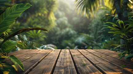Aufkleber - Empty wooden platform on a lush forest background. Tropical vacation and outdoor activities, farm plants, nature. Generative AI.