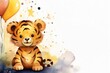 Illustration of cute tiger with colorful balloons. Greeting birthday card, poster, banner for children