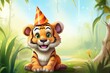 Illustration of cute tiger in birthday hat. Greeting birthday card, poster, banner for children