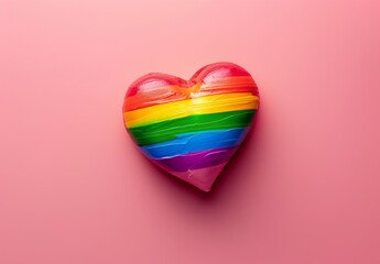 Poster - rainbow pride heart, flat lay on pink background Generative AI