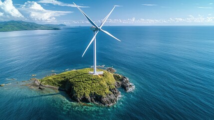 Aufkleber - A single wind turbine on a small island, surrounded by blue sea, emphasizing isolation and the importance of local power solutions in remote locations. Generative AI.