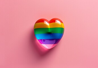 Poster - Pride graphic design of a rainbow pride flag glass heart for the gay and lgbtq+ community on a pink background Generative AI