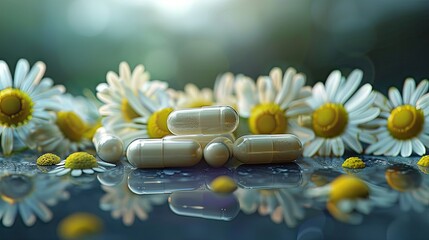 Canvas Print - bady pills with chamomile flowers chamomile close-up