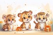 Illustration of cute tigers with birthday gift. Greeting birthday card, poster, banner for children