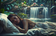 Beautiful girl sleeping in most peaceful surrounds of a lush rain forest with peacock and nature a waterfall while  asleep in a exquisite place