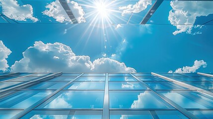 Aufkleber - A Diagonal bottom view from inside a transparent polycarbonate roof terrace with a radiant glimpse of a sky. Bright sunny day. Generative AI.