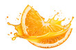 © AnaWein - Fresh ripe slice of orange fruit with juice splash, isolated illustration on transparent background. Healthy food and tropical fruit drink, splashing fruit beverage liquid. PNG, cutout.