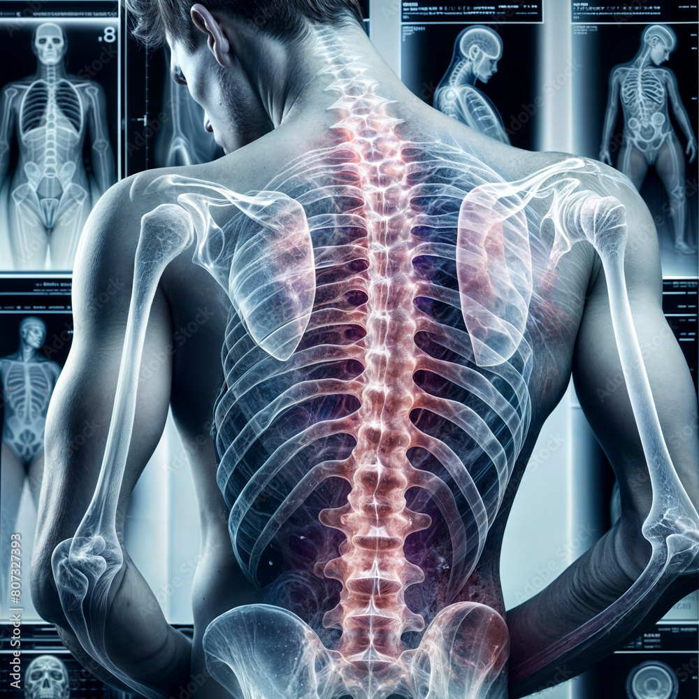 X Ray 3D Rendering - Man with severe pain in the spine and ...