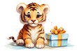 Illustration of cute tiger with birthday gift. Greeting birthday card, poster, banner for children