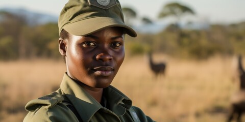 portrait of a serious african park ranger in uniform