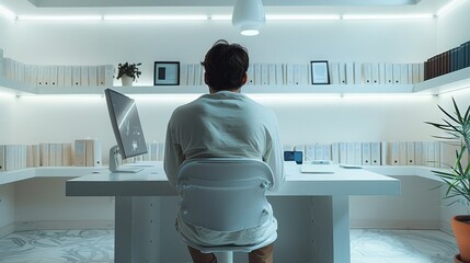 Aufkleber - A creative modern man sitting in front of laptop, working on one desk, in an isolated white room, with invoices on their desks. Generative AI.
