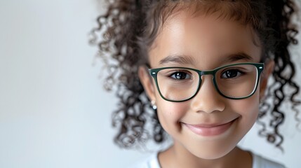 Wall Mural - smiling young girl with curly hair wearing glasses on a white background. portrait of a happy child.