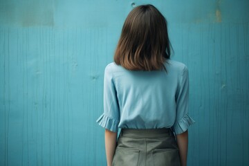 Poster - woman in blue blouse standing against turquoise wall