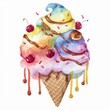 Multi-colored ice cream cone with red berries, watercolor drawing with paper texture