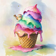 Multi-colored ice cream cone and a sparrow sitting on it, watercolor drawing with paper texture