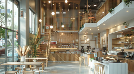 Fototapete - Modern and simple cafe, with double-height space on the second floor. Generative AI.