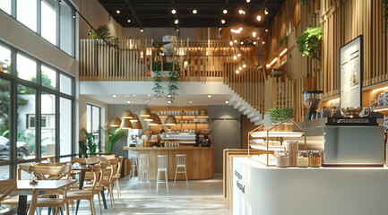 Poster - Modern and simple cafe, with double-height space on the second floor. Generative AI.