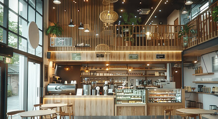 Fototapete - Modern and simple cafe, with double-height space on the second floor. Generative AI.