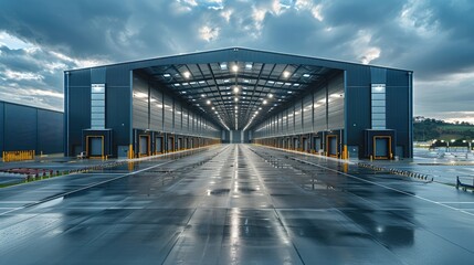Poster - Modern warehouse, metal roof. Generative AI.